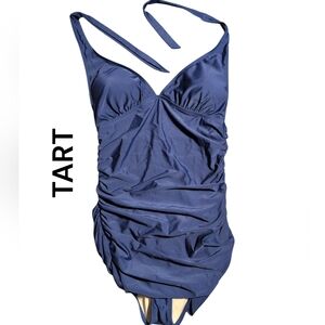 TART Navy Color Side Ruching & Skirt Halterneck Medium One Piece Swimsuit